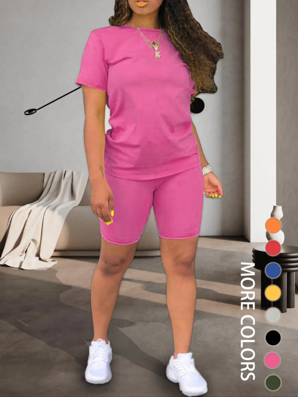 Two-piece Women's Fitted Plain Basic Round Neck Tee & Skinny Shorts Set, Minimalist, Casual Summer Clothes for Women, Short Sleeve Crew Neck T-shirt & Shorts, Summer Outfit for Outdoor, Matching Clothing Set, Casual Beach Set, Fashion Clothes Set