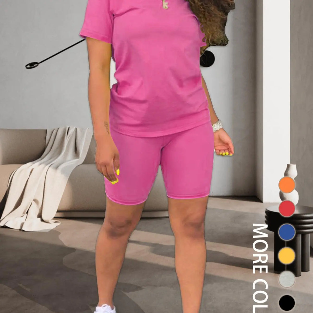 Two-piece Women's Fitted Plain Basic Round Neck Tee & Skinny Shorts Set, Minimalist, Casual Summer Clothes for Women, Short Sleeve Crew Neck T-shirt & Shorts, Summer Outfit for Outdoor, Matching Clothing Set, Casual Beach Set, Fashion Clothes Set