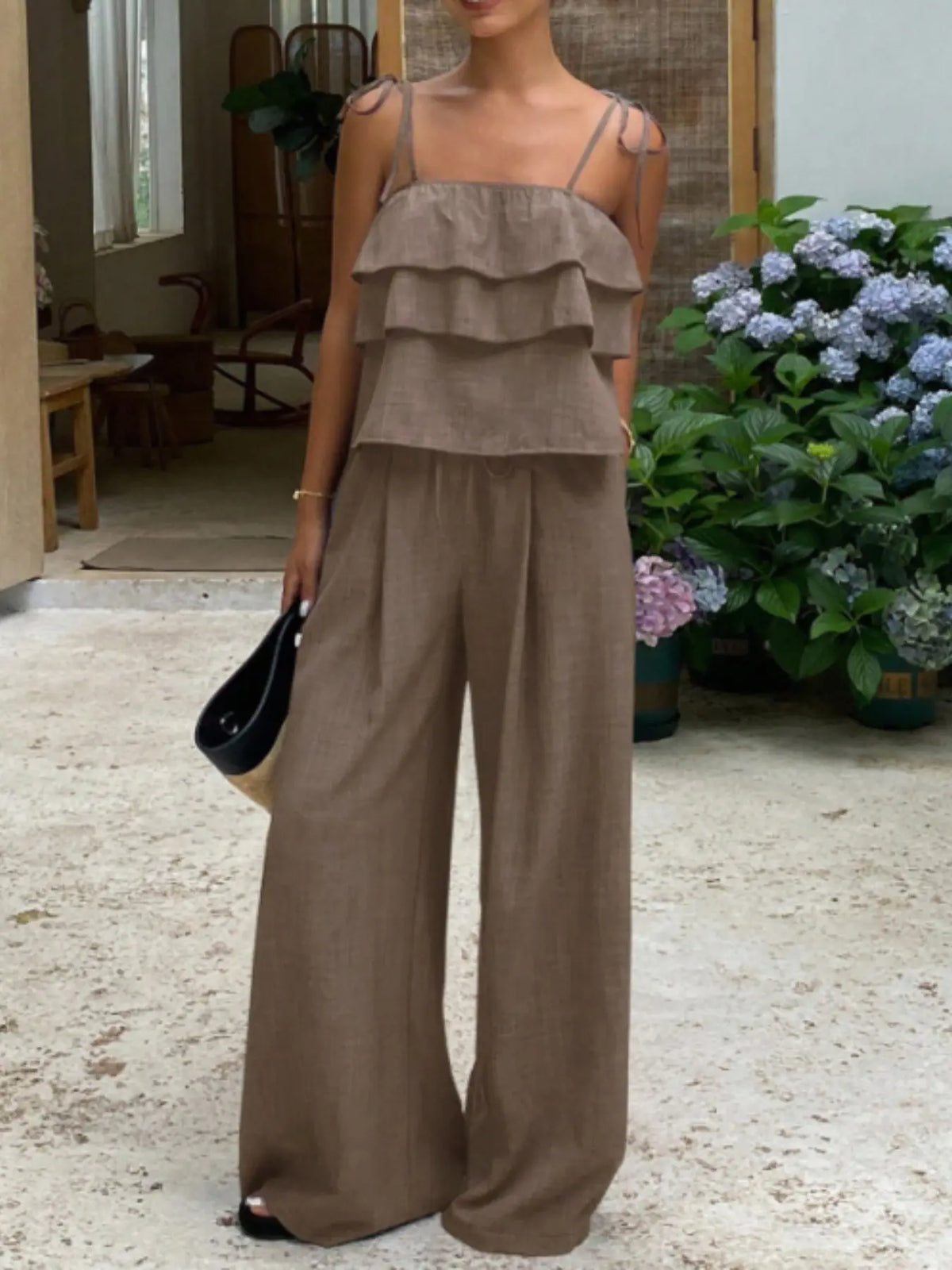 Women's Two-Piece Set, Womenswear, Sleeveless Ruffles Top & Loose Fit Oversized Long Pants, Spring Summer Casual Minimalist, High-Waisted Wide-Leg Design, Two Pieces Outfits
