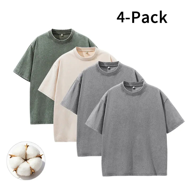 Men's Vintage Washed Cotton Streetwear T-Shirts, 2/4-Pack Oversized Plain Round Neck Bundle Short-Sleeve Tops with Cotton Build for Daily Rotation, Men's T Shirts