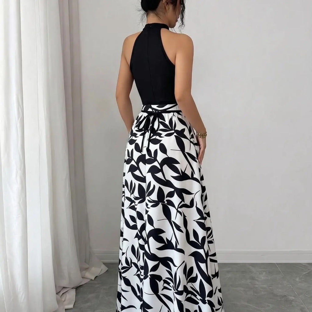 Concert Outfit Dress Women's Casual Feminine Elegant Chic Party Tank Top, Floral Print Patchwork Waist Dress, Medium-Length Sleeveless Summer, Casual Elegant Dresses, Womenswear
