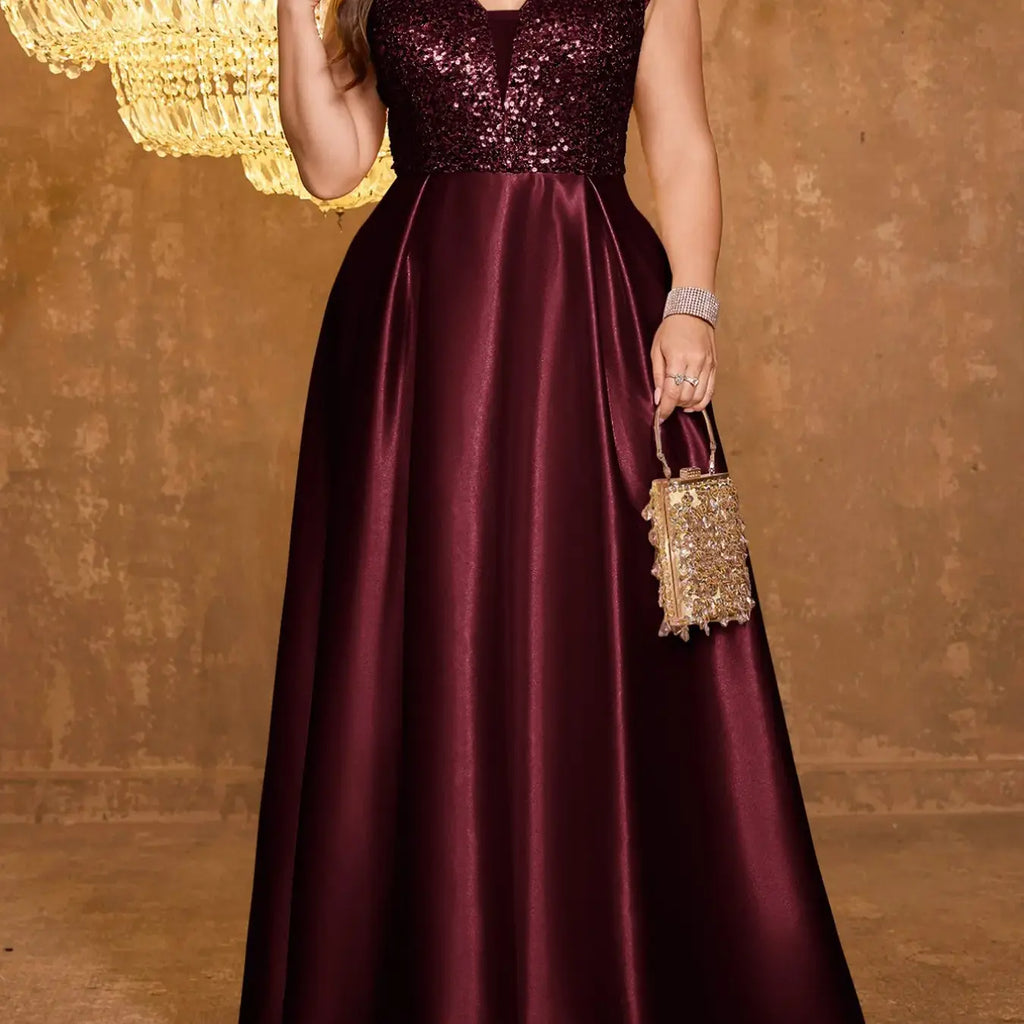 Luxurious Shiny Sequin Satin High-Waisted A-Line Sleeveless Long Dress, Elegant Formal Evening Gown, Perfect for Special Occasions