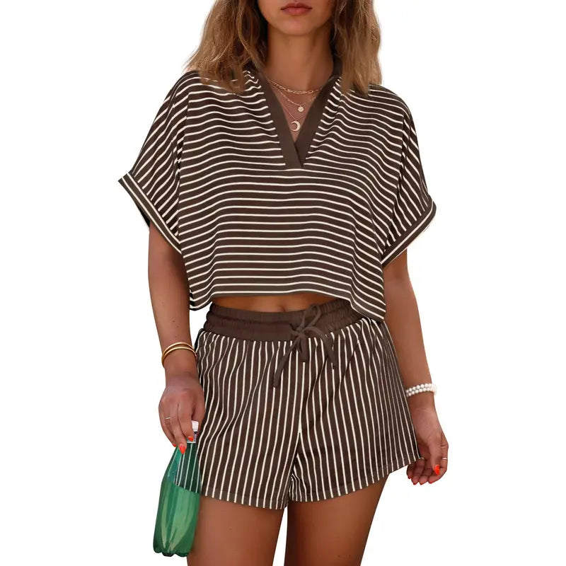 Cicy Bell Womens Striped 2 Piece Short Sets Summer Short Sleeve Collared V Neck Cropped Tops Vacation Casual Lounge Outfits