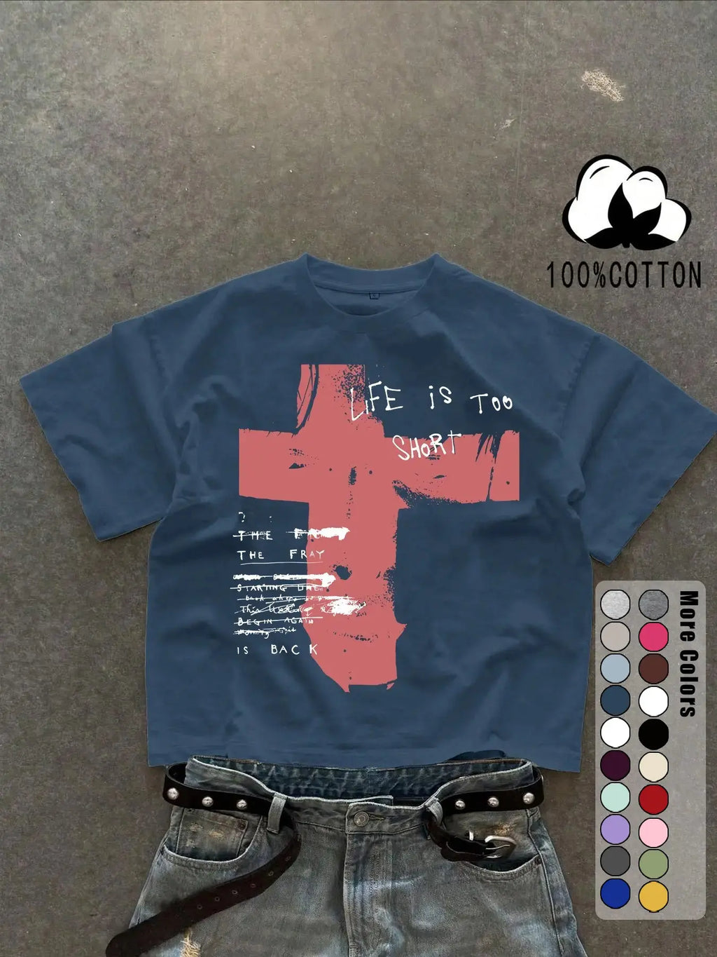 Unisex 100% Cotton Short Sleeve T-Shirt, Cross Graffiti Print, Y2K Dark Gothic Street Style, Streetwear, Casual Daily Wear, Loose-Fitting, Long Length, Aesthetic, Relaxed Fit