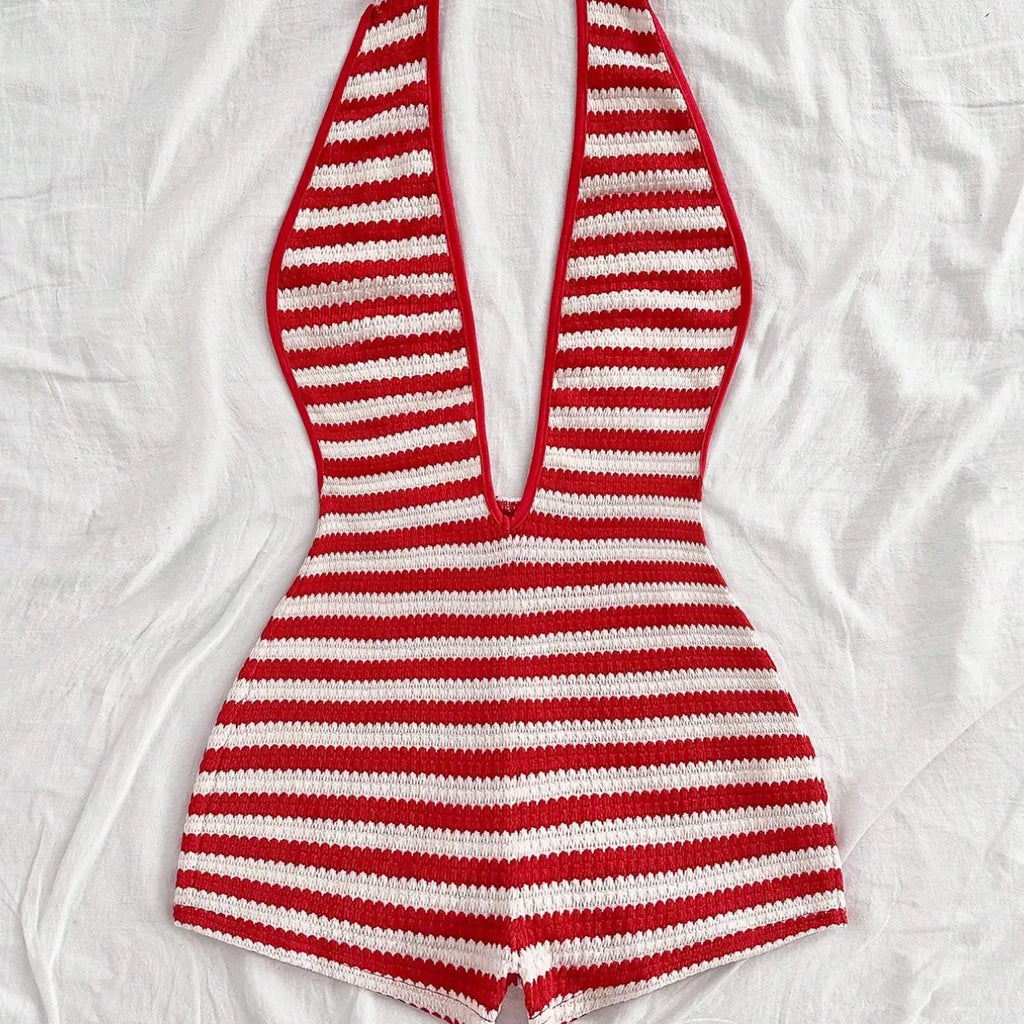 Women's New Fashion Comfortable Versatile Casual Deep V Neck Halter Striped Knit Chic Romper Vest Jumpsuit Shorts Set, Stylish All-Season Wear, Womenswear
