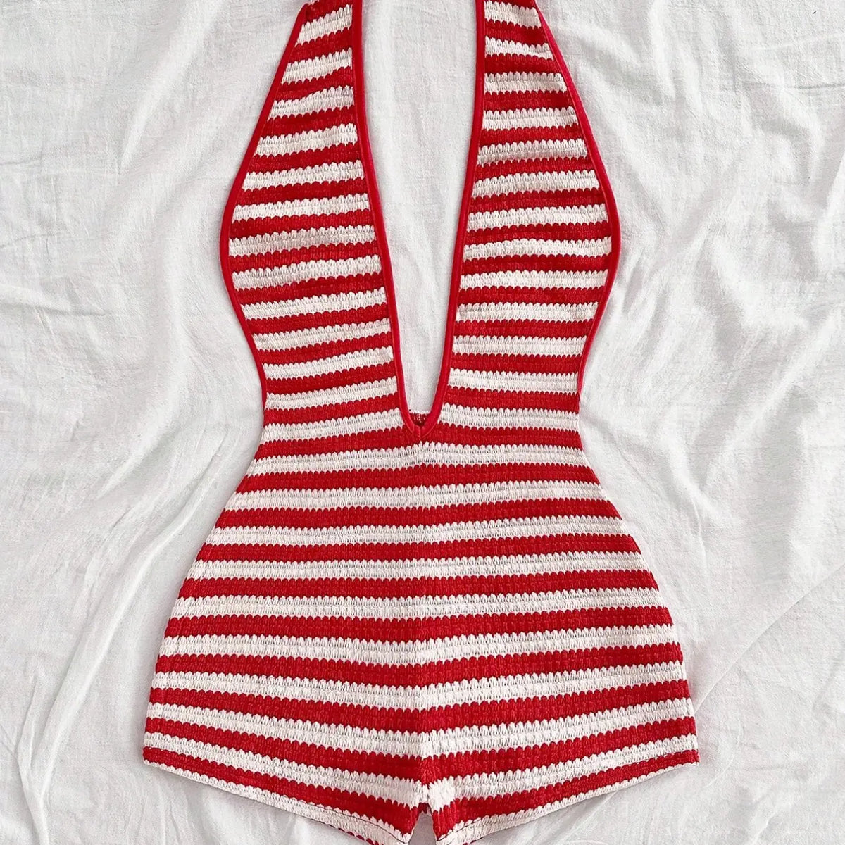 Women's New Fashion Comfortable Versatile Casual Deep V Neck Halter Striped Knit Chic Romper Vest Jumpsuit Shorts Set, Stylish All-Season Wear, Womenswear