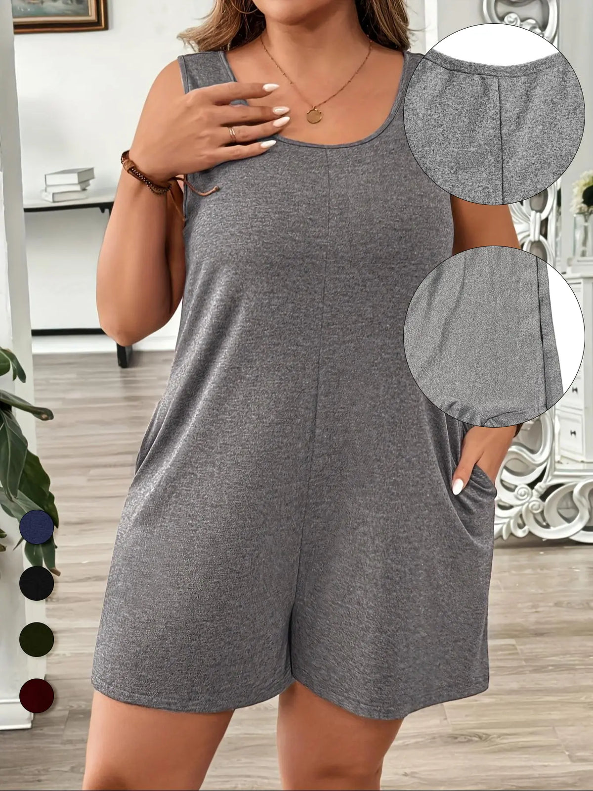 Plus Size Solid Color Sleeveless Fitted Romper, Elegant Casual Romper, Casual Comfy Romper for Summer, Casual Summer Jumpsuits, Women's Plus Clothing for Daily Wear, Basic, Casual Sleeveless Overalls, Womenswear