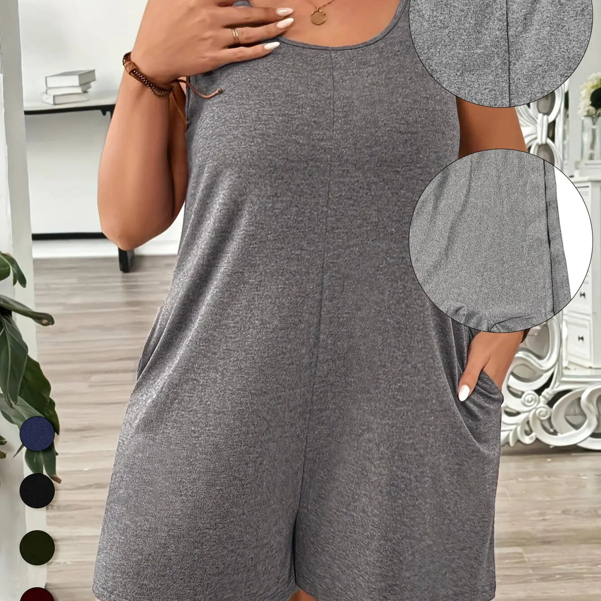 Plus Size Solid Color Sleeveless Fitted Romper, Elegant Casual Romper, Casual Comfy Romper for Summer, Casual Summer Jumpsuits, Women's Plus Clothing for Daily Wear, Basic, Casual Sleeveless Overalls, Womenswear