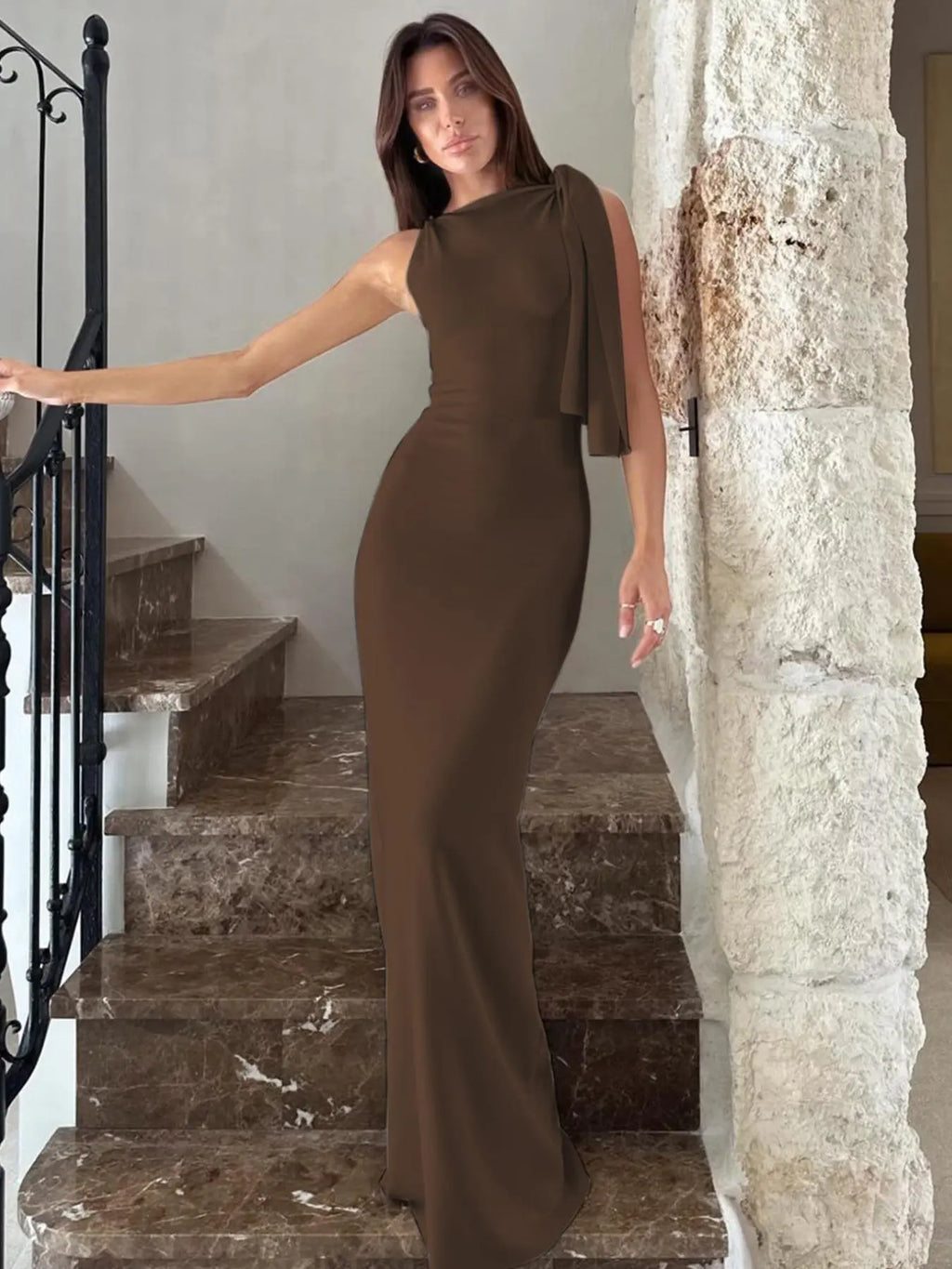 Women's Summer Elegant Solid Color Bodycon Dress, Twist Side Detail, Sleeveless Slim Fit Maxi Dress, Chic Long Dress for Party, Club, Date & Holiday, Dress Up Gown