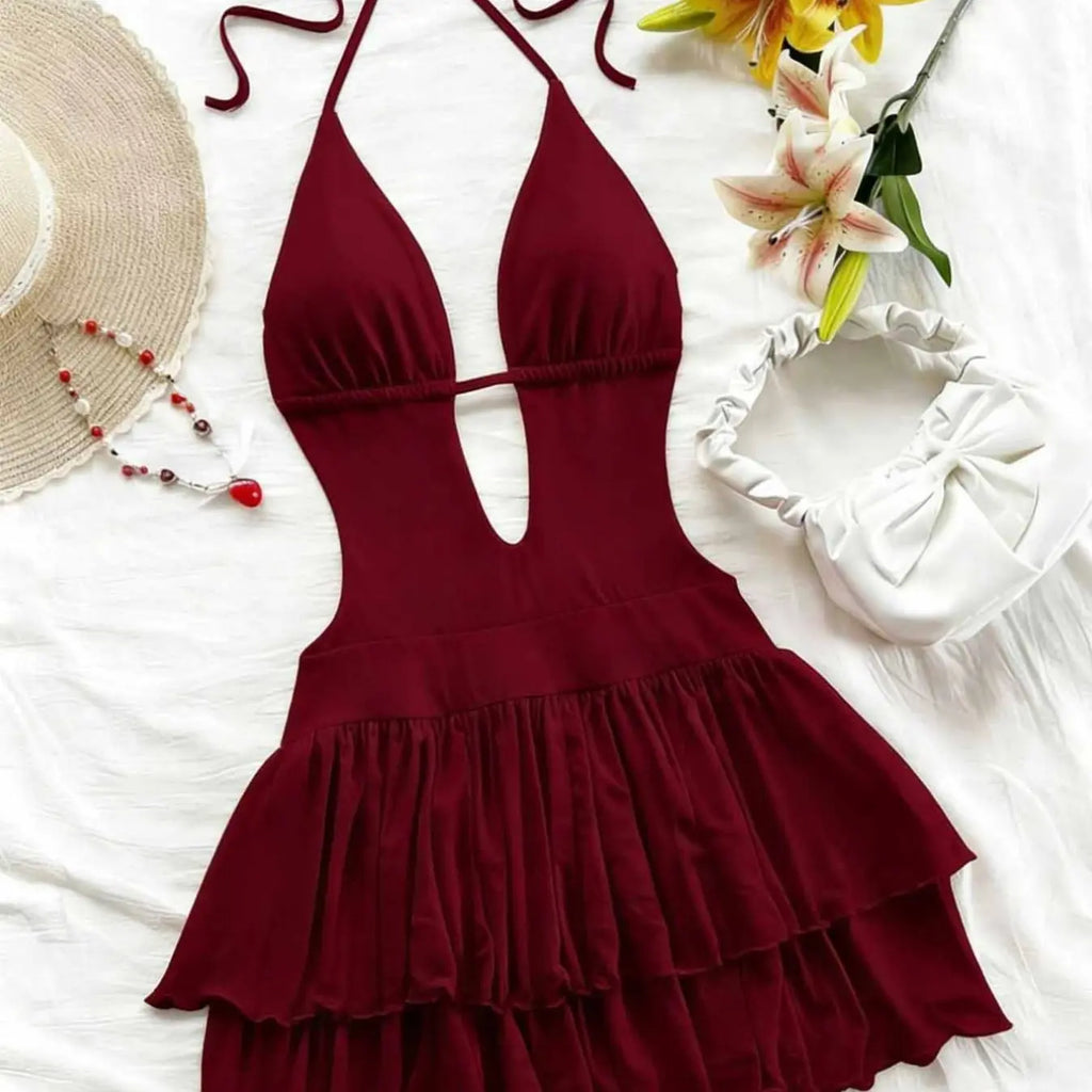 Sexy Backless Halter Statement Party Dress Aesthetic, Slim-Fitting Fitted Y2K Style, Women's Cross-Border Fashion, High-Waisted Belted Design, Perfect for Parties, Halter Sleeveless Dress