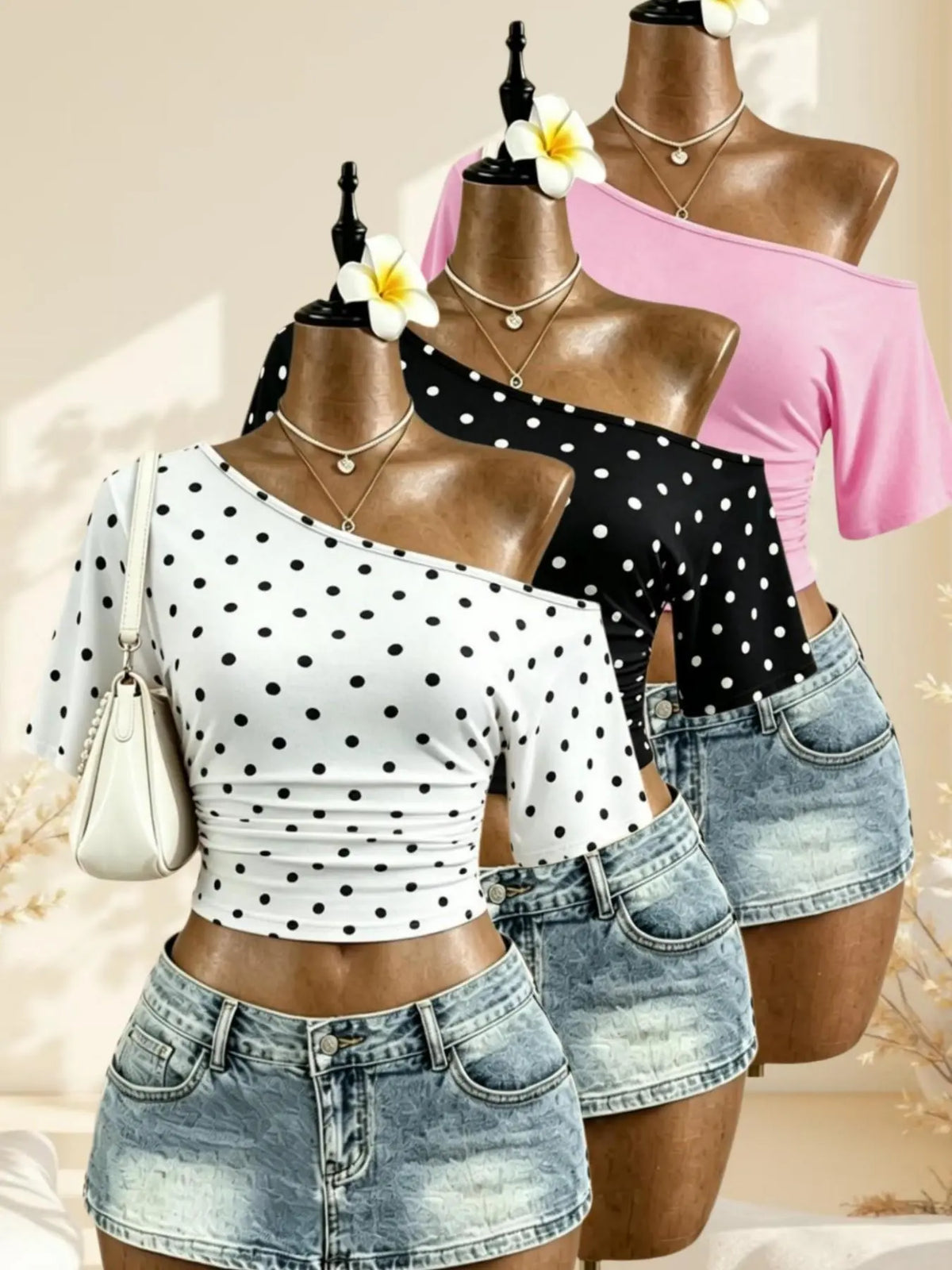 American Vintage Summer Asymmetrical Shoulder Pleated Short Sleeve Top, Polka Dot Solid Color Waist Cinch Slim Fit T-Shirt Set of Three