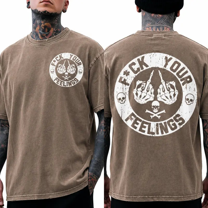 Men's "F*ck Your Feelings" Skull Graphic T-Shirt, Short-Sleeve Round Neck Loose Menswear, Bold Statement Limited Edition Fashion Streetwear Casual Angel Tee tiktokshopspringglowup,summervibes Cotton Tops Black Crewneck Tropical