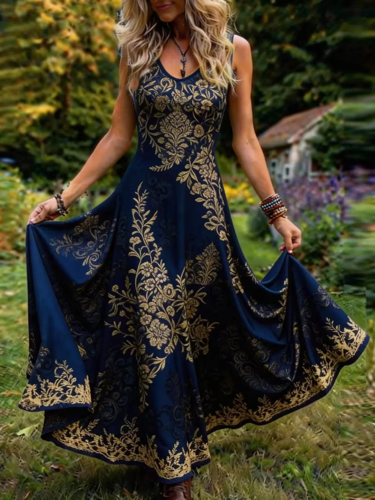 Vintage Celtic Knot Long Dress, Boho Sleeveless V Neck Gown, Loose-Fitting All over Print, Larp Renaissance Festival, Bohemian Women, Bohemian Romantic Dress