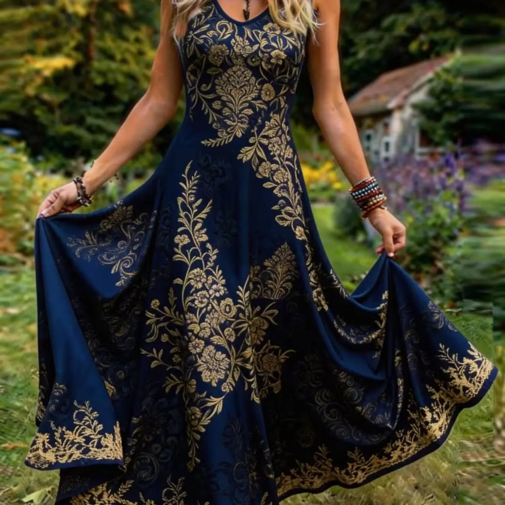 Vintage Celtic Knot Long Dress, Boho Sleeveless V Neck Gown, Loose-Fitting All over Print, Larp Renaissance Festival, Bohemian Women, Bohemian Romantic Dress