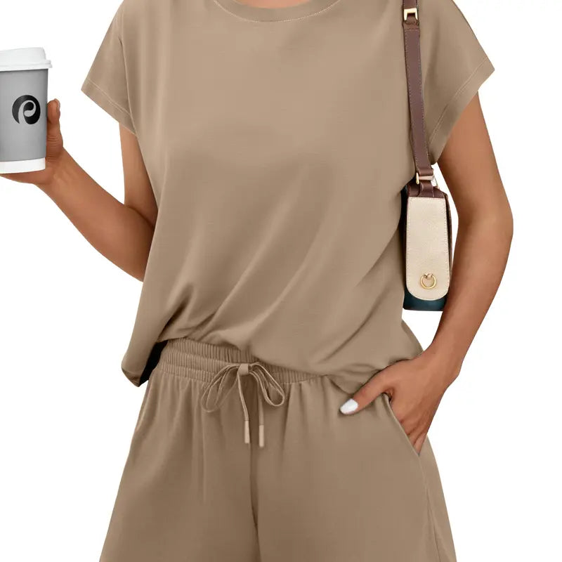 PINSPARK Women's 2-Piece Matching Set - Summer Crewneck Top, Drawstring Shorts with Pockets, Soft Fabric, Casual Travel Outfits, 2026 Trendy Sports & Outdoor Lounge Wear