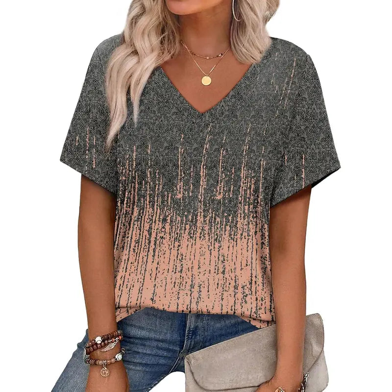 WIHOLL Women's 2026 Summer Basic Trendy Blouses - V-Neck Shortsleeve Lightweight Digital Print 12 Top, Stylish Dressy Casual Vacation Outfit, Women's Clothing