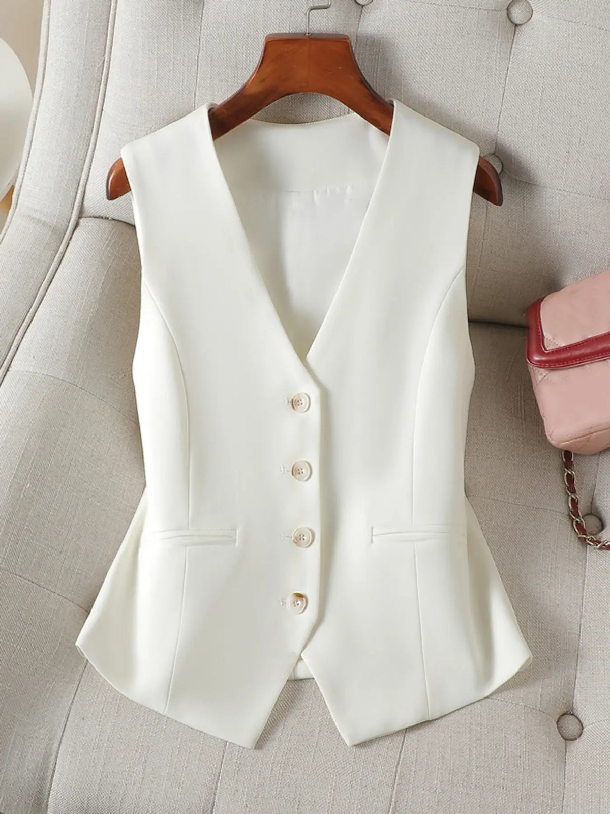 Women's V-Neck Button Gilet, Button Front Vest, Short Elegant Vest for Spring & Fall, Casual Plain Surface Outerwear, Fashionable Slim Fit Top