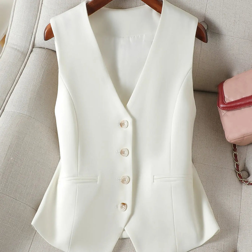 Women's V-Neck Button Gilet, Button Front Vest, Short Elegant Vest for Spring & Fall, Casual Plain Surface Outerwear, Fashionable Slim Fit Top