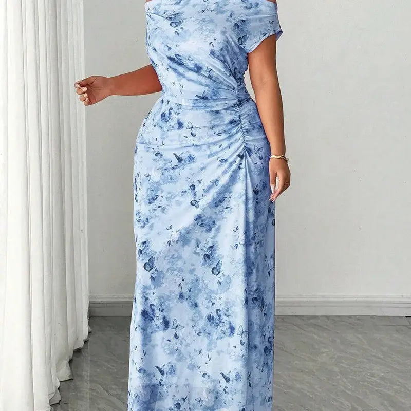 ZENIE Plus Size Elegant Date Night Off Shoulder Cinched Waist Floral A Line Maxi Dress Party Outfit