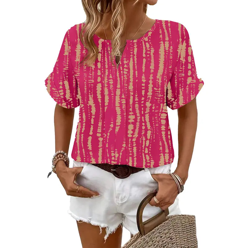 Shewin Women's Summer Abstract Graphic Woven Top, Split Notch V-Neck, Rolled Cuff Short Sleeve, Loose Fit Casual Pullover Blouse