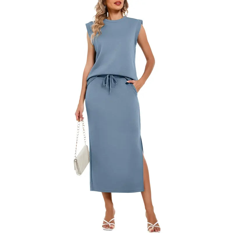 Casly Lamiit Women's 2-Piece Soft Fabric Crew Neck Cap Sleeve Top & Drawstring Midi Skirt Set with Pockets, Summer Lounge Basics Outfits