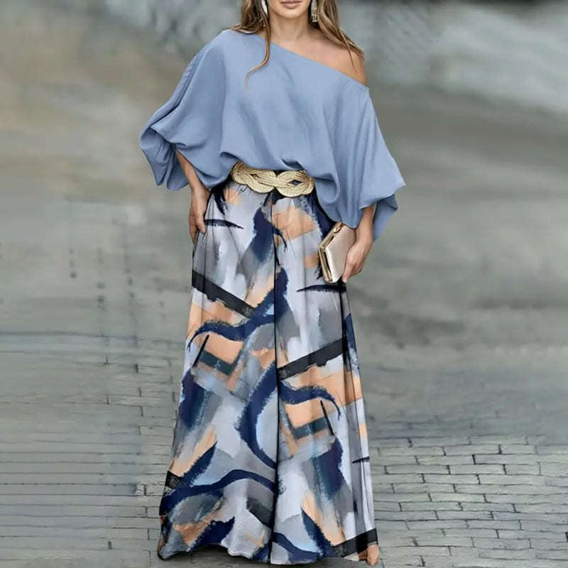 2026 CHICME Women's Skew Neck Lantern Sleeve Top & Wide Leg Pants Set & Wedding Gust