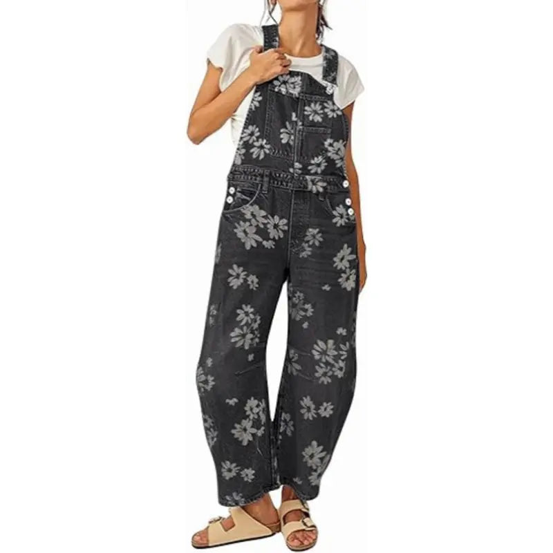 UTCOCO Women's Printed Floral Patchwork Vintage Denim Overalls - Baggy Barrel Leg, Boyfriend Style, Zipper Detail, Party-Ready Wide Leg Outwear Piece