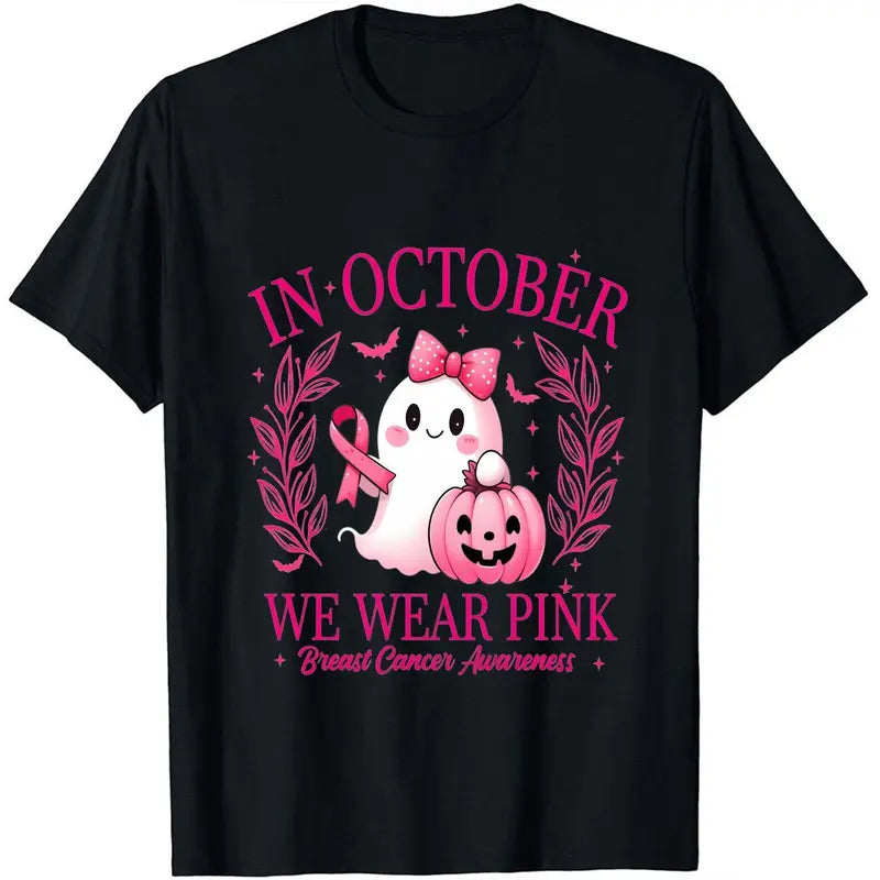 Unisex Washed Vintage Soft Comfortable Round Neck Short-Sleeve Casual T-Shirt - October We Wear Pink Ghost Boo Halloween Breast Cancer Awareness Graphic Top, Tops, Shortsleeve