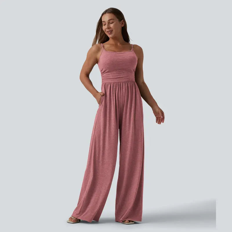 Halara Adjustable Straps Ruched Wide Leg Heathered Casual Jumpsuit with Pockets-Easy Peezy