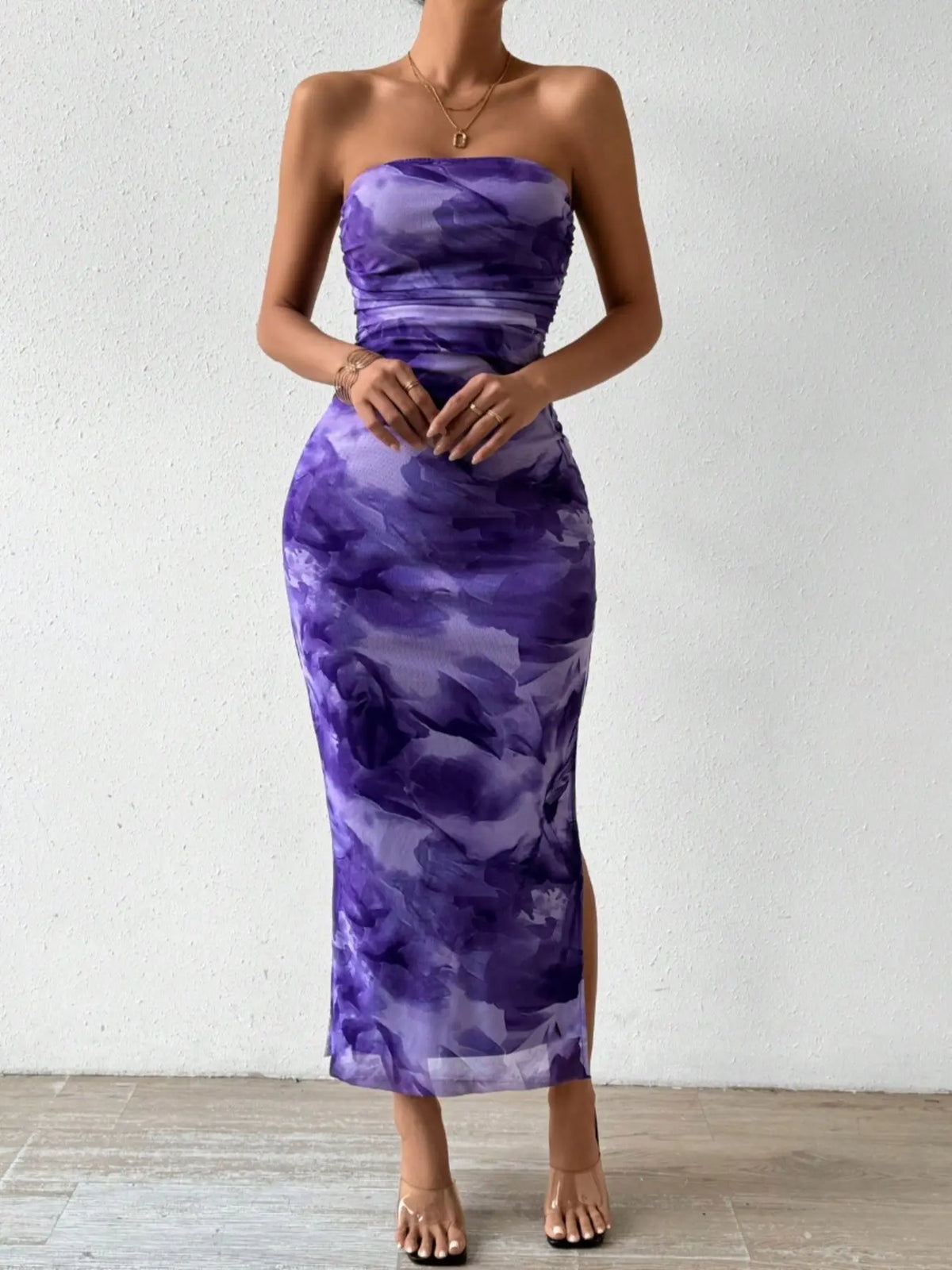 LovelyWholesale, Mother's Day Under $10, Women's All Over Print Ruched Backless, Strapless, Sleeveless Split Thigh Bodycon Fit Tube Dress, Sundress Maxi Dress, Elegant Fashion Dress, for Spring And Summer, Beach Holiday Elegance, Backless Fitted Dress