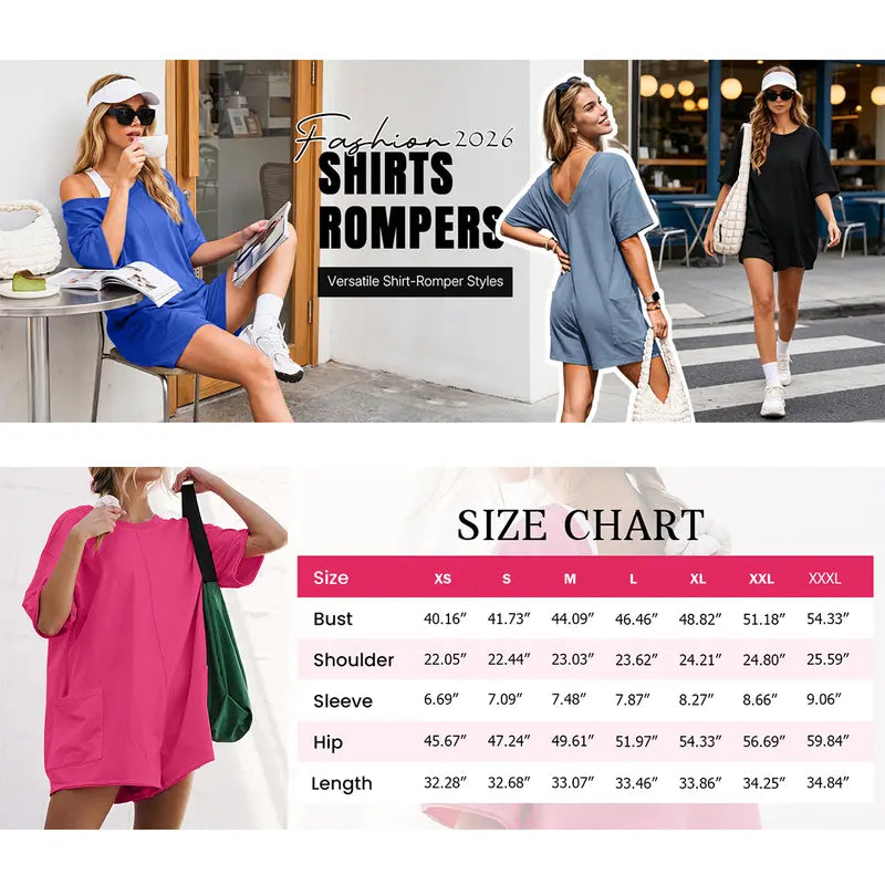 KingApril Women’s Oversized Rompers/Jumpsuits with V-Neck Back, Casual Athletic Workout T‑Shirt One‑Piece Activewear, Summer Vibes, Spandex, Ribbed,sohochic