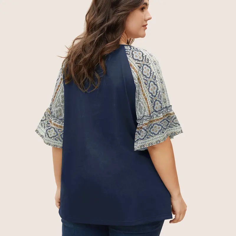 BloomChic Boho Print Patchwork Raglan Sleeve T-shirt 【M-6XL】