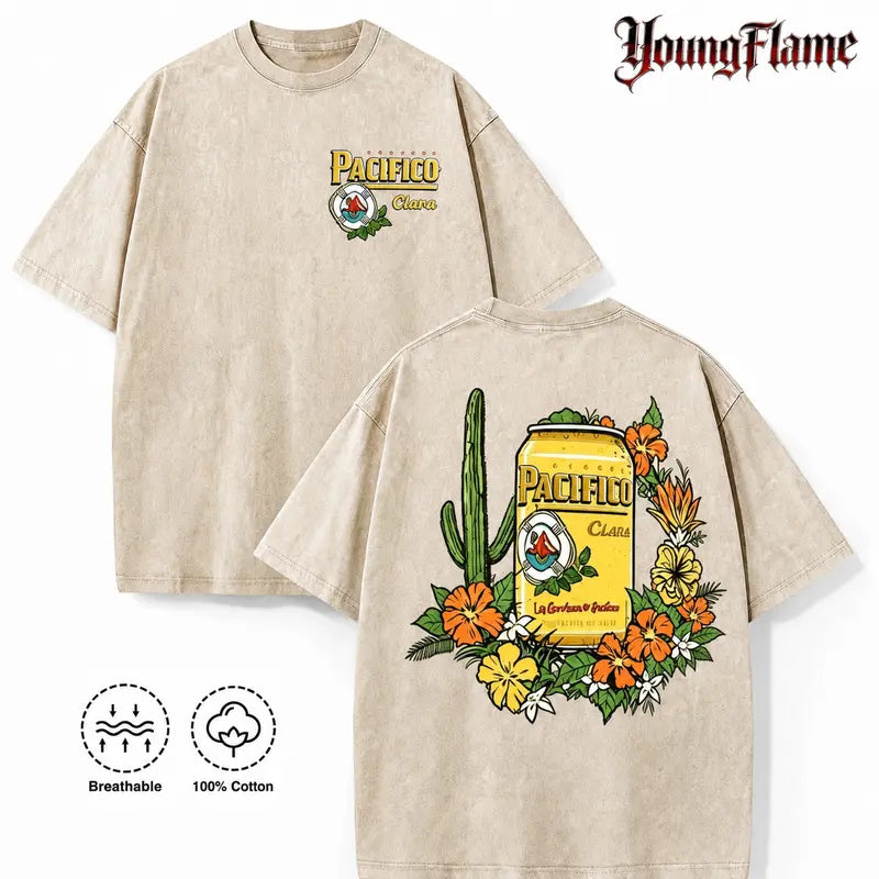 Vintage Acid Wash Tropical Beer Graphic Tee Baja Surfcore Streetwear Y2K Clothing Oversized Summer Top shirts unisex casual streetwear tee trendy short sleeve top loose fit casual shirt cotton t-shirt