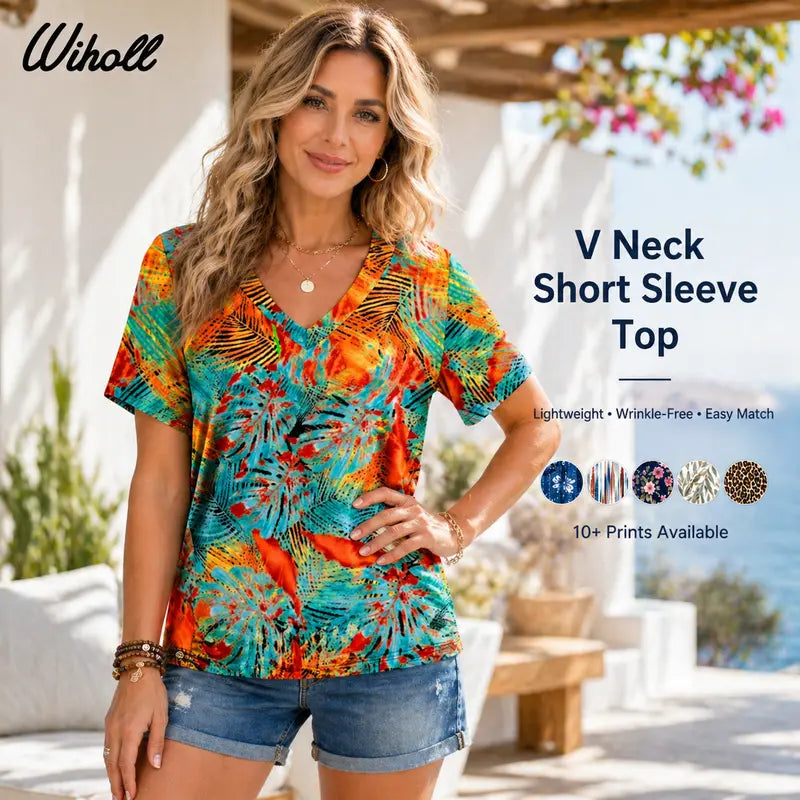 WIHOLL Women's 2026 Summer Basic Trendy Blouses - V-Neck Shortsleeve Lightweight Digital Print 12 Top, Stylish Dressy Casual Vacation Outfit, Women's Clothing