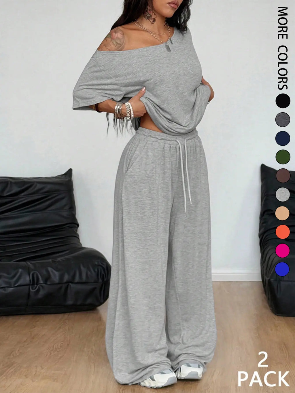 2pcs/Set Women's Minimalist Basic Daily Wear Going Out Sport Comfortable Off Shoulder T-Shirt And Wide Leg Pants Two Pieces Outfits Clothes