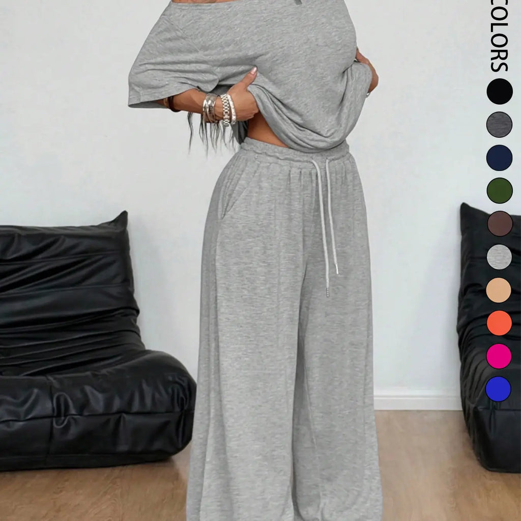 2pcs/Set Women's Minimalist Basic Daily Wear Going Out Sport Comfortable Off Shoulder T-Shirt And Wide Leg Pants Two Pieces Outfits Clothes