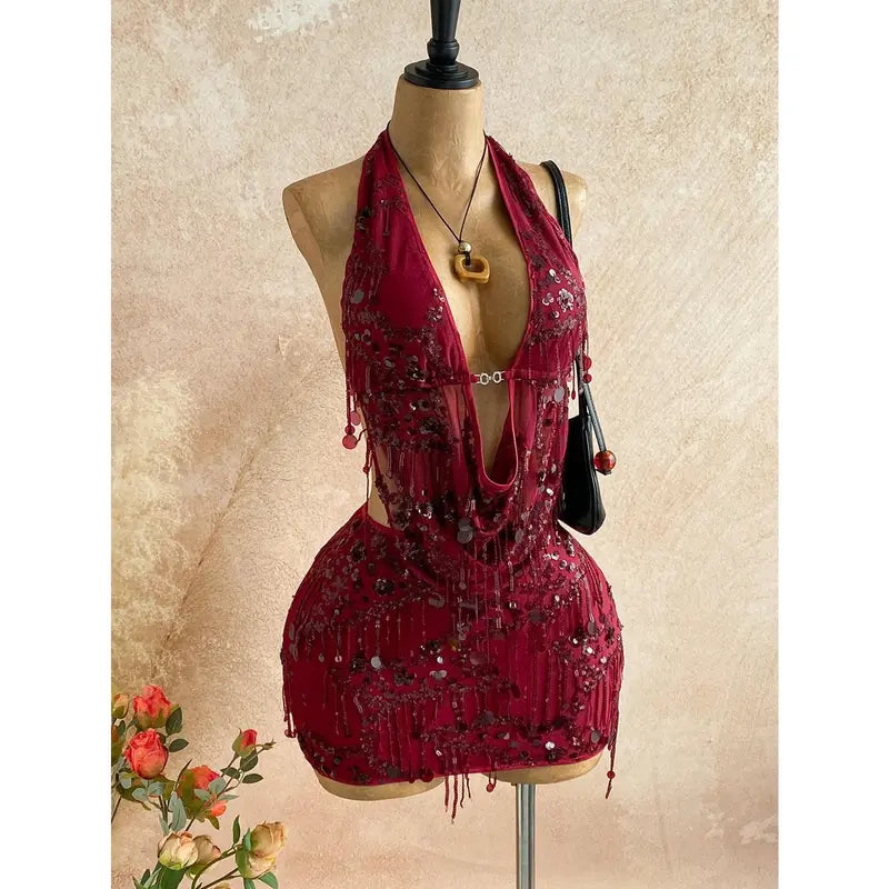 2pcs Fitted Shiny Fringe Sequin Drape Neck Camisole And Mini Skirt Set, Suitable For Music Festivals, Parties