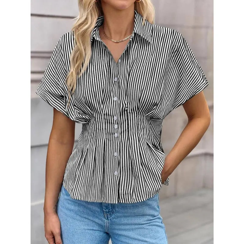 TANKANEO Women's Striped Peplum Button-Down Blouse - Short-Sleeve Batwing, Fitted Waisted, Pleated Polyester Shirts for Women, Flattering Everyday Tops, Breathable Casual Summer Business Wear