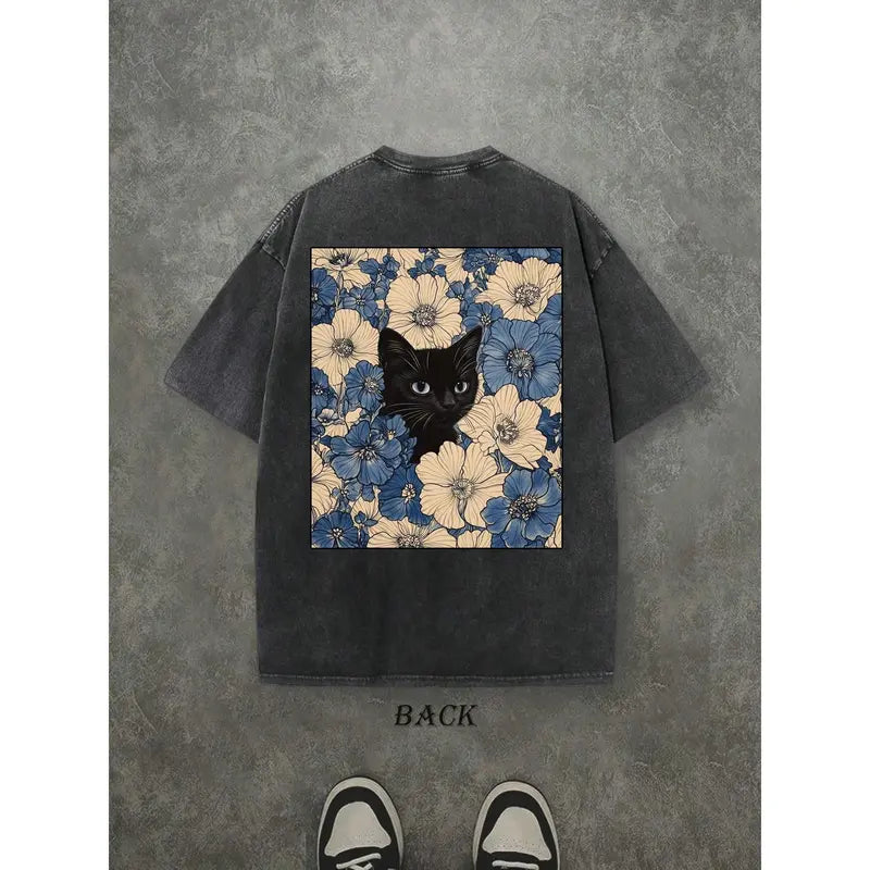 "Cat in the Flowers" Double-Sided Print T-Shirt | Retro Washed 230gsm Cotton, Men's Casual Comfortable Street Style Tee, Vintage Floral Feline Graphic Top Oversized Streetwear Menswear Soft Tshirt