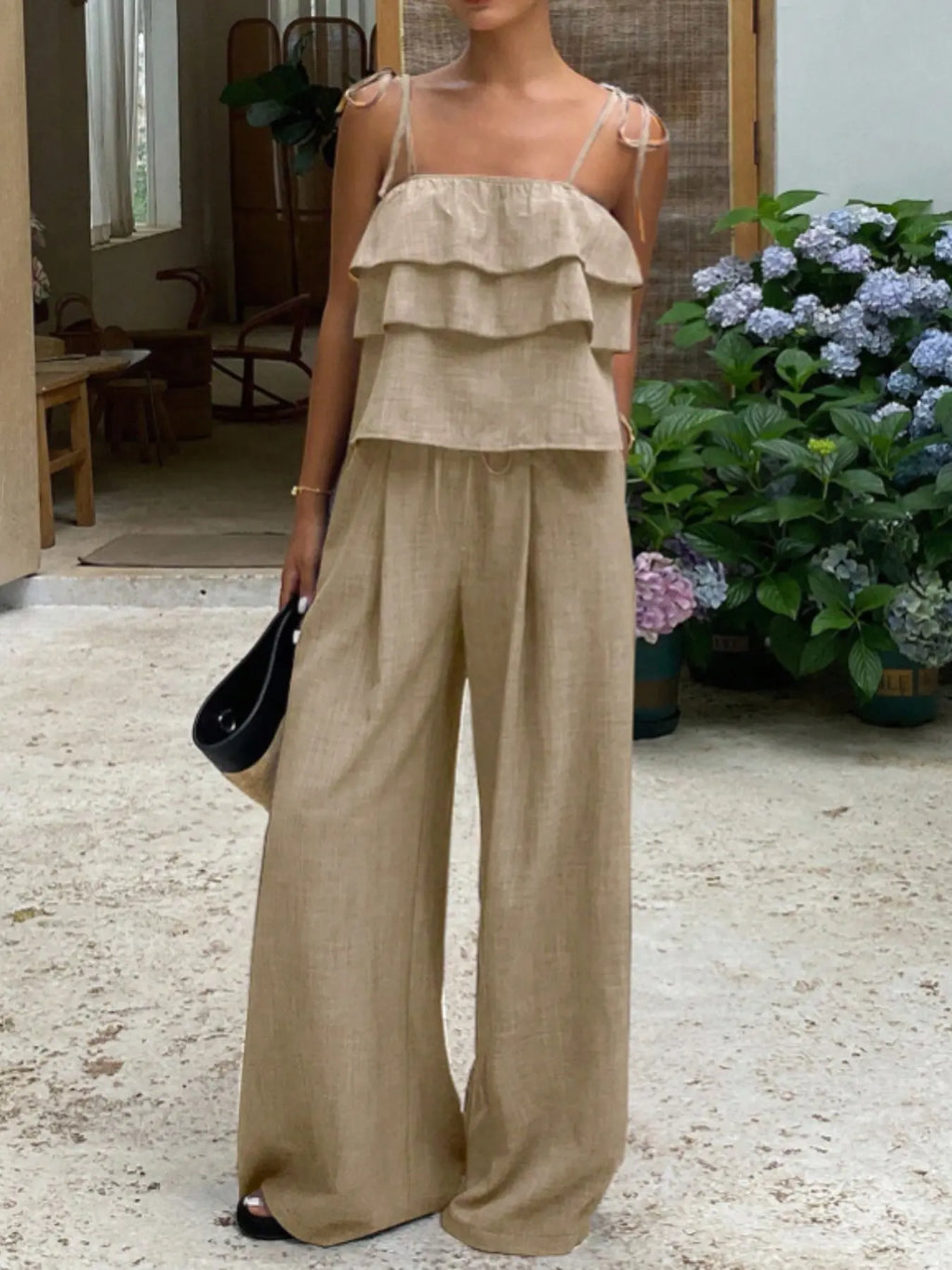 Women's Two-Piece Set, Womenswear, Sleeveless Ruffles Top & Loose Fit Oversized Long Pants, Spring Summer Casual Minimalist, High-Waisted Wide-Leg Design, Two Pieces Outfits