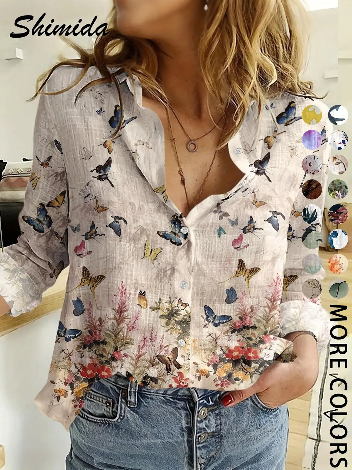 Women's Four-Season Button-Up Shirt, Digital Floral Print Long Sleeve Basic Blouse, Casual Vacation Lapel Boho Cottagecore Blouse, Soft Tops for Casual Daily Wear, Boho Style Shirt
