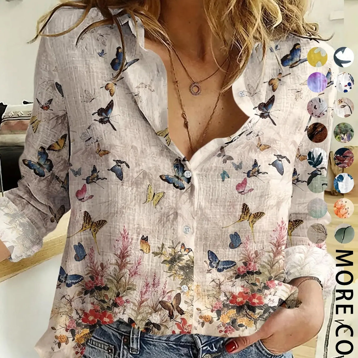 Women's Four-Season Button-Up Shirt, Digital Floral Print Long Sleeve Basic Blouse, Casual Vacation Lapel Boho Cottagecore Blouse, Soft Tops for Casual Daily Wear, Boho Style Shirt