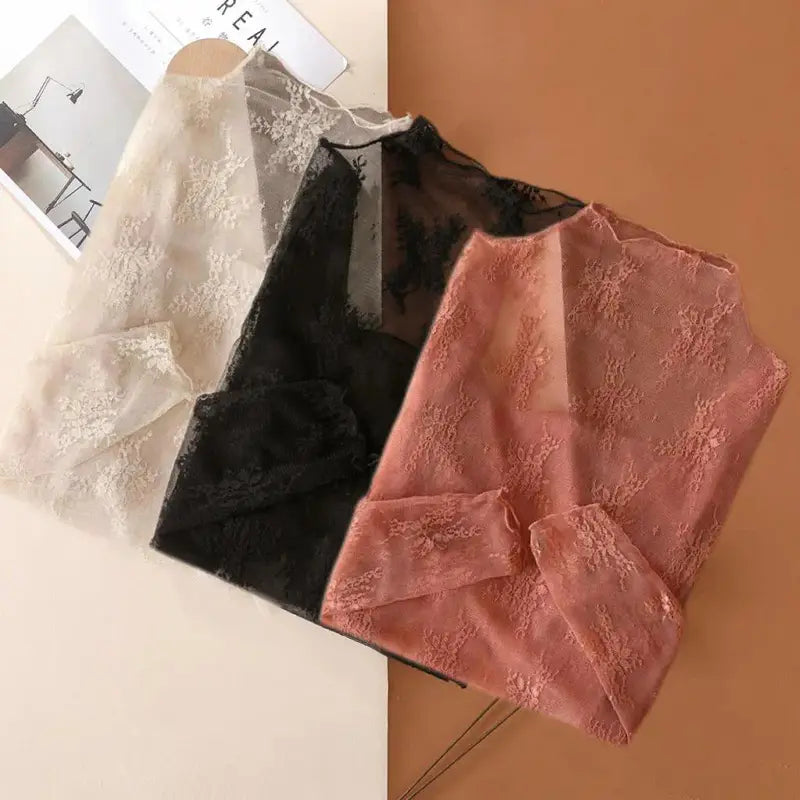Women's 3-Pack Sheer Floral Embroidery Lace Long Sleeve Mock Neck Blouse Shirts (Black+White+Coffee) - Shirts for Women, Feminine Look, All Seasons Sports & Outdoor Camping Travel Essentials Tops