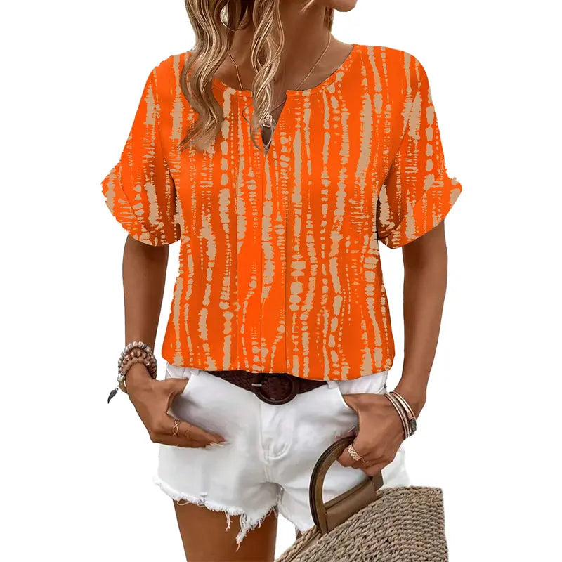 Shewin Women's Summer Abstract Graphic Woven Top, Split Notch V-Neck, Rolled Cuff Short Sleeve, Loose Fit Casual Pullover Blouse