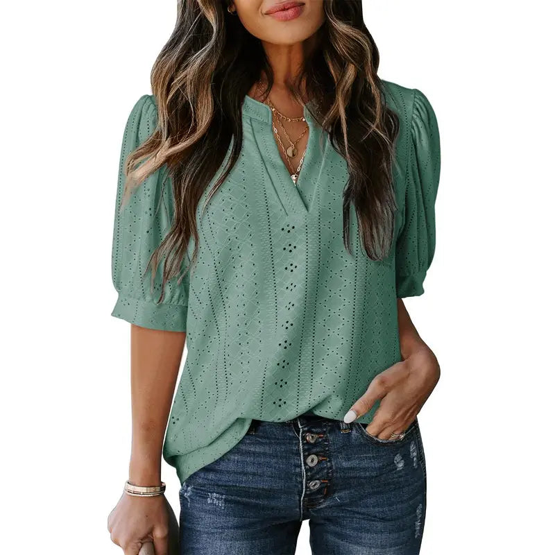Dokotoo Women's Summer Business Casual Blouses V Neck Short Sleeve Shirts Hollow Out Cute Lace Tops Loose Fit Breathable Fabric