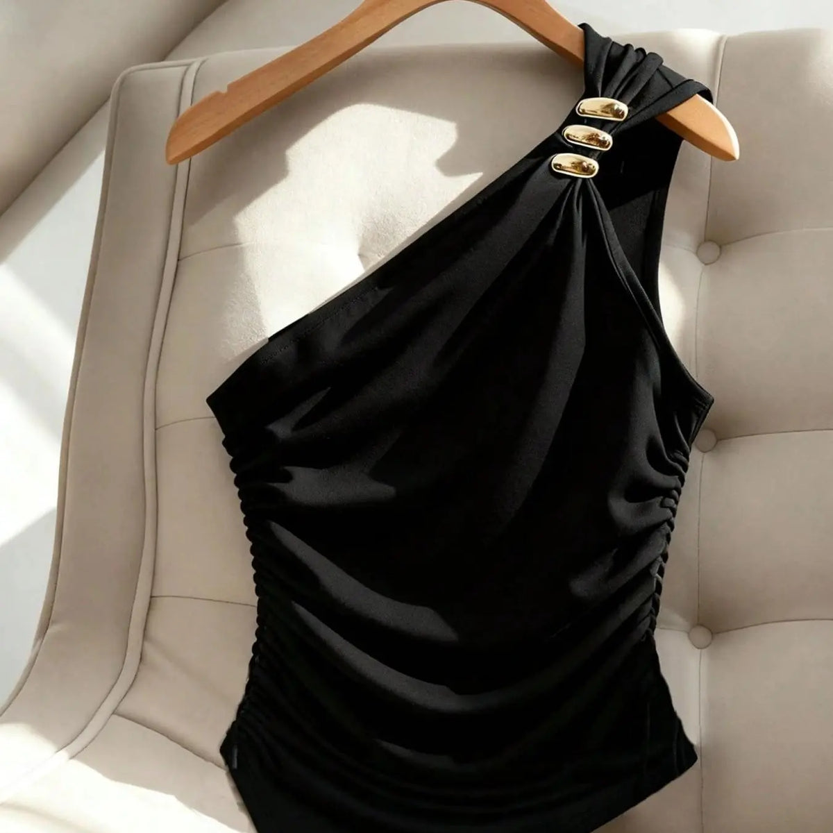 Women's Asymmetrical Tank Top, Elegant Gold Button Detail, Waist Cinch Design, Stretchy Fit Fabric, Perfect for Office & Dates