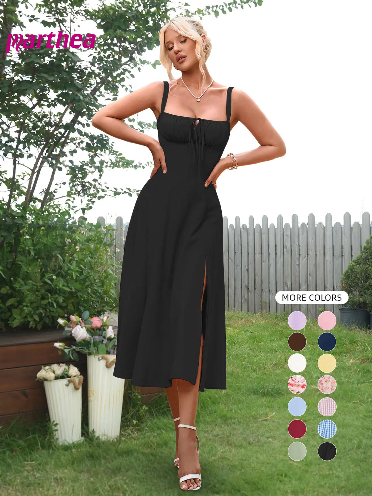 Parthea Women's Plain Ruched Boning Corset Milkmaid Dress, Lace Up Dress, Party Dress, Fit, Tie Front Dress, Aesthetic Square Neck Midi Dress, Dresses for Women, Frenchy Style Non Bodycon Dress Christmas, Formal Dresses, Adjustable Straps, Formal Wear