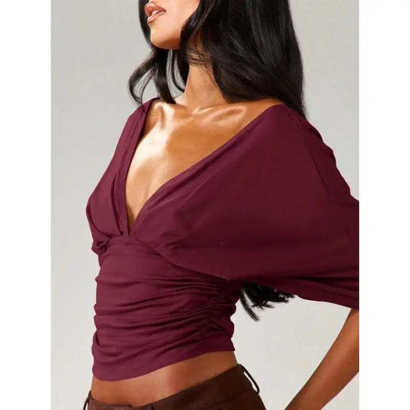 Women's Sexy Deep V-Neck Batwing Sleeve Crop Top Ruched Cinched Waist Short Blouse Fashion Y2K Casual Spring Summer Going Out Clubwear Dolman Shirts Elegant Pleated Slim Fit Tops for Women Trendy Streetwear Party Holiday Wardrobe Essential