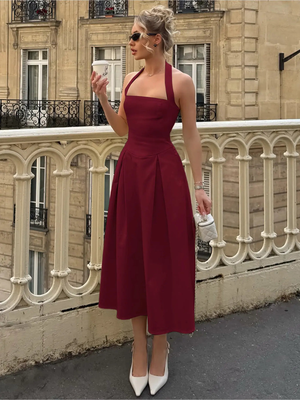 Women's Chic Elegant Solid Color Backless Sleeveless A-Line Pleated Halter Neck Slim Fit Midi Dress Elegant Backless Design for Party, Holiday, Daily & Formal Wear