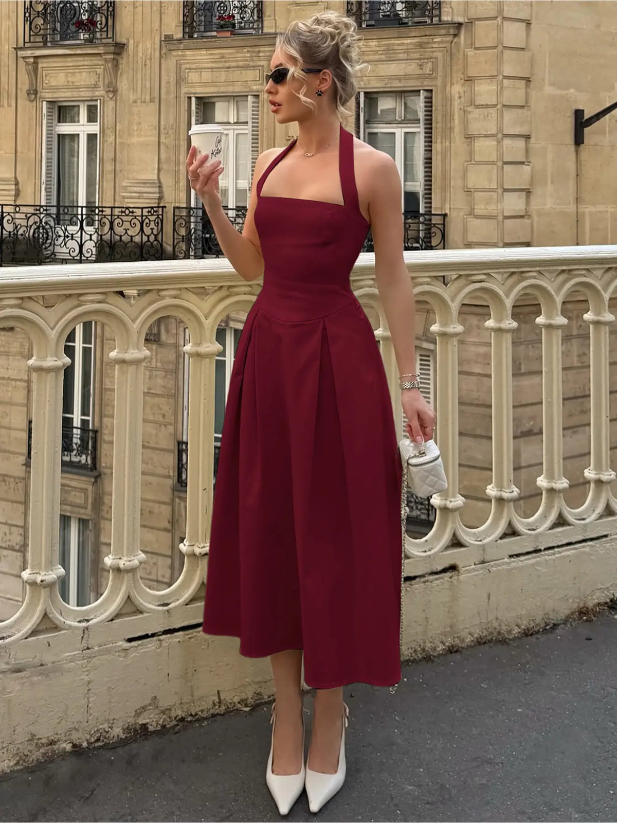 Women's Chic Elegant Solid Color Backless Sleeveless A-Line Pleated Halter Neck Slim Fit Midi Dress Elegant Backless Design for Party, Holiday, Daily & Formal Wear